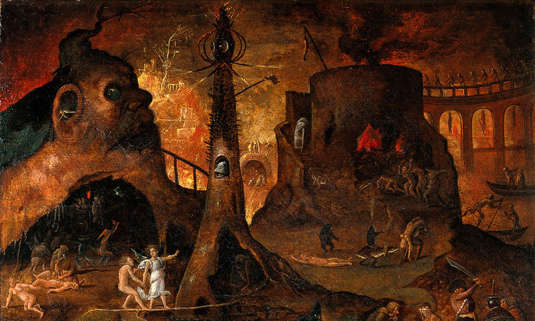 An_angel_leading_a_soul_into_hell._Oil_painting_by_a_followe_Wellcome_V0017388